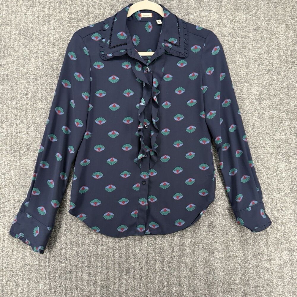 Sunday Best Blouse Top Womens XS Blue Floral Ruffle Button Up Boho Classic Prep